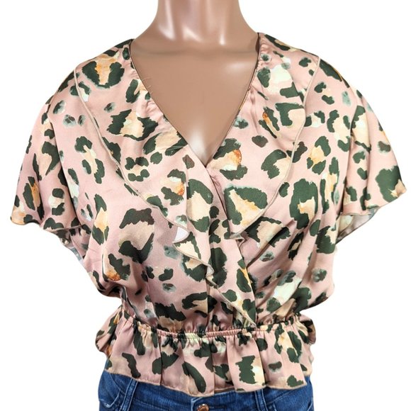 Show Me Your MuMu Tops - Show Me Your Mumu Medium Satin Floral Ruffle Trim Cheetah Print Blouse